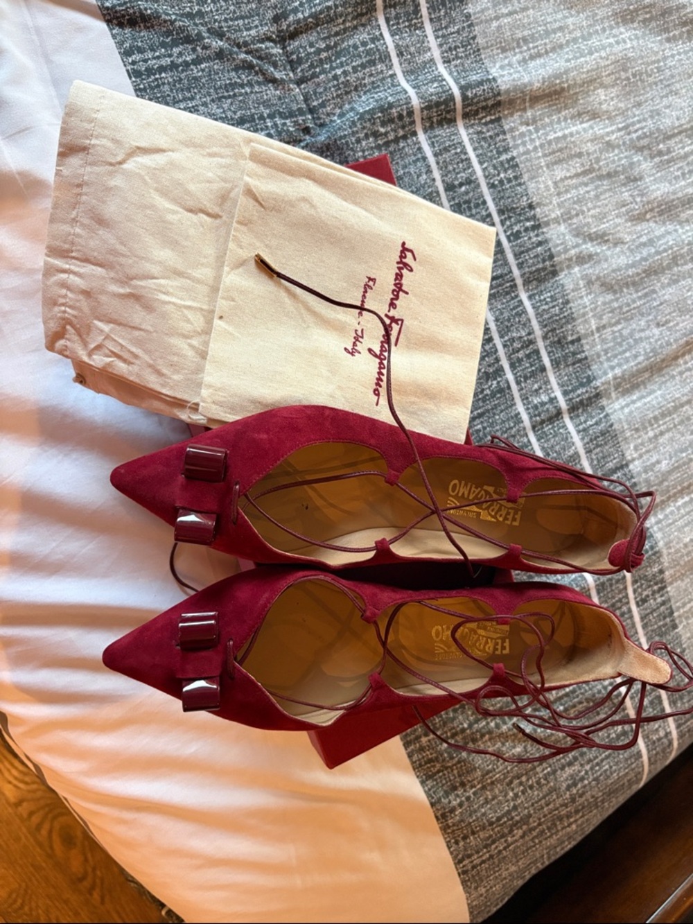 Salvatore Ferragamo Burgundy Suede Pointed Lace-Up Pumps-comes with dust bag/box